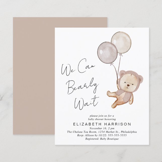 Boho Teddy Bear Balões Chá de fraldas Convite (Frente/Verso)