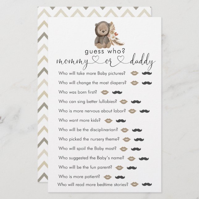 Boho Teddy Bear Chá de fraldas Adivinha Quem Joga (Frente/Verso)