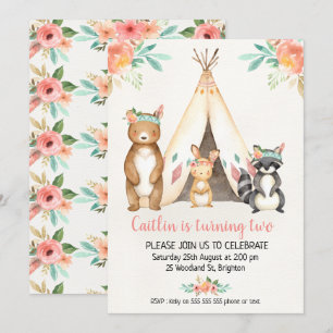 Boho Teepee Woodland Animal Convite Para Aniversár