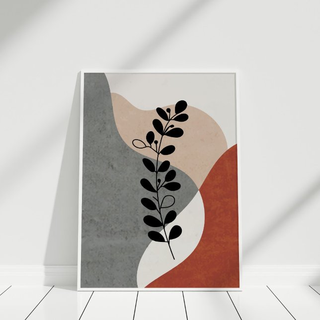 Boho Terracotta Abstrato Botanical Art Poster (Boho Terracotta Abstract Botanical Art Poster against white wall in white frame.)