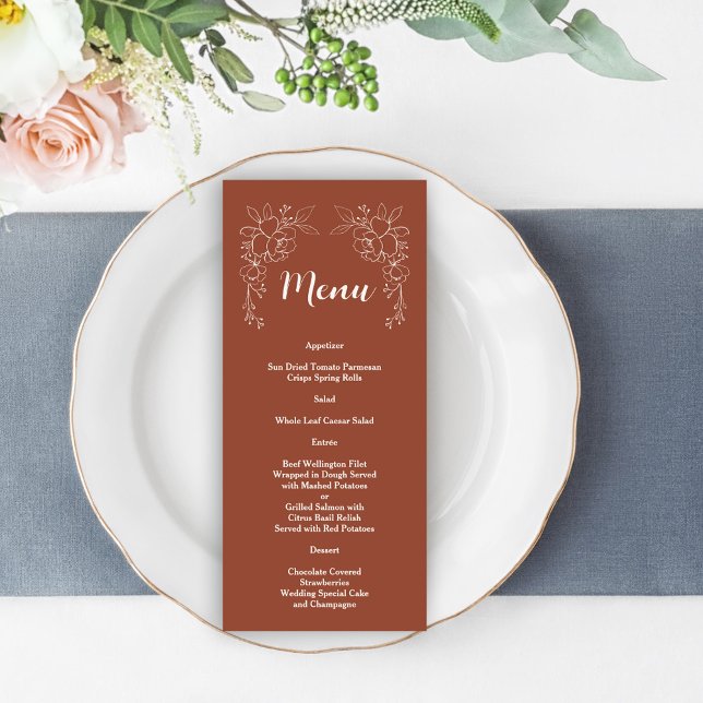 Boho Terracotta Burnt Orange Floral Wedement Menu (terracotta wedding menu, trendy elegant modern rustic menu, earthy tones wedding menu)