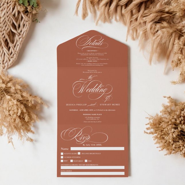 Boho terracotta elegante roteiro caligrafia casame (Boho terracotta elegant script calligraphy wedding all in one invitation)