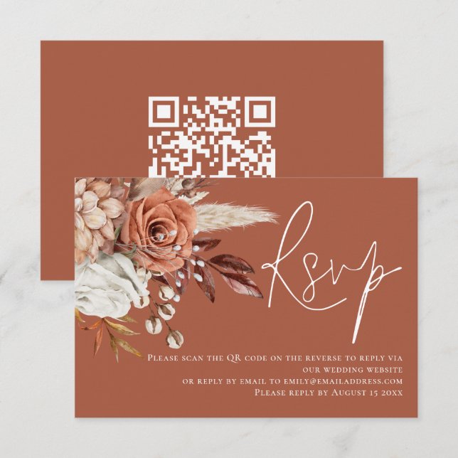 Boho Terracotta florals Código QR Casamento RSVP (Frente/Verso)