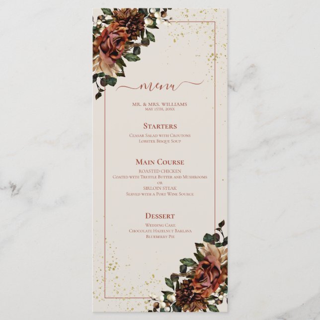 Boho Terracotta Greenery Menu Floral de Casamento (Frente)
