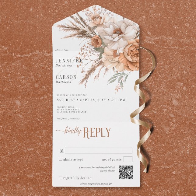 Boho Terracotta Peach & Cream Floral White Código  (Boho Terracotta Peach & Cream Floral White QR Code All In One Invitation)