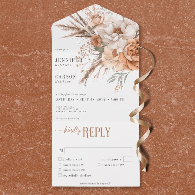 Boho Terracotta Peach & Cream Janto Floral White (Boho Terracotta Peach & Cream Floral White Dinner All In One Invitation)
