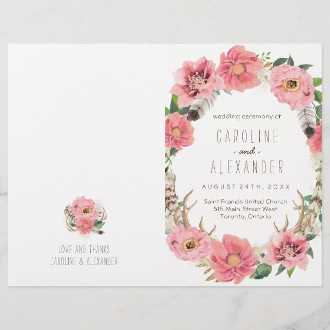 Boho Tribal Bohemian Feather Wedding Programs (Frente)