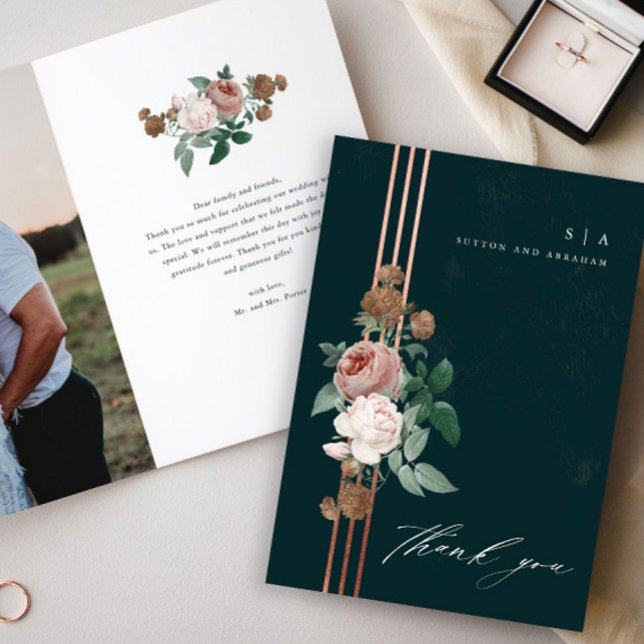 Boho vintage cartões de agradecimentos floral de f (Elegant Vintage Floral Wedding Photo Thank You Cards.)