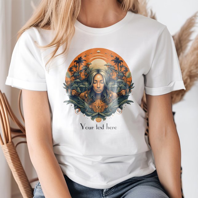 Boho Vintage Zen Vibes Deusa na Camiseta Natureza (Boho Vintage Zen Vibes Goddess in Nature T-shirt on a young woman.)