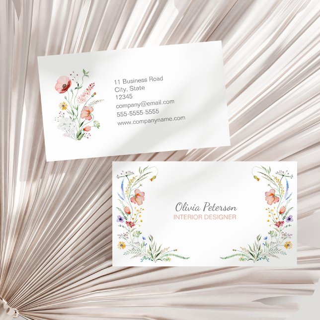 Boho Watercolor Cartão de visita (Boho Watercolor Wildflowers Business Card on a sunny neutral dry palm leaf.)