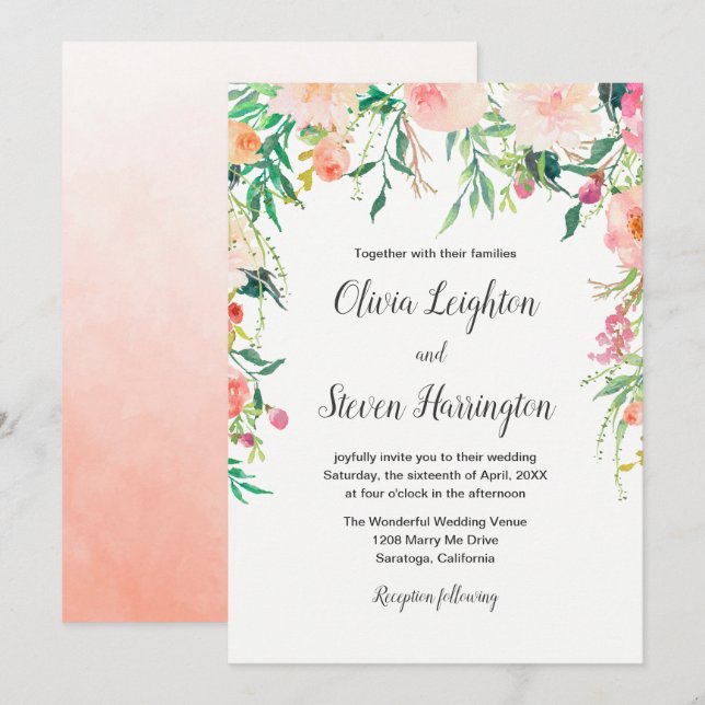 Boho Watercolor Convite Para Casamento Floral (Frente/Verso)