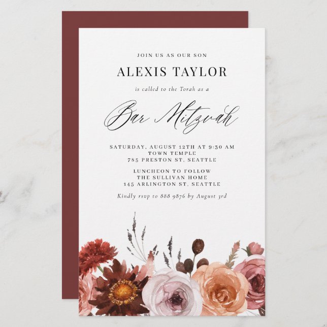 Boho Watercolor Fall Flower Bar Mitzvah Convite (Frente/Verso)