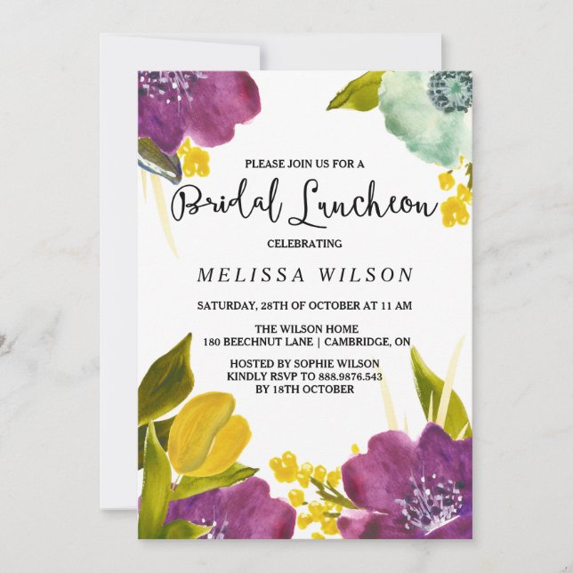 Boho Watercolor Flowers Bridal Luncheon Convite (Frente)