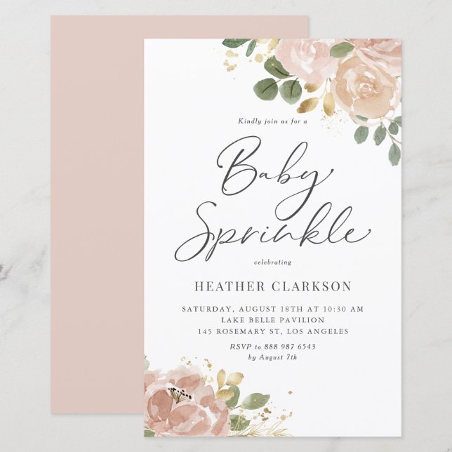 Boho Watercolor Mauve Peach Flowers Baby Sprinkle (Frente/Verso)