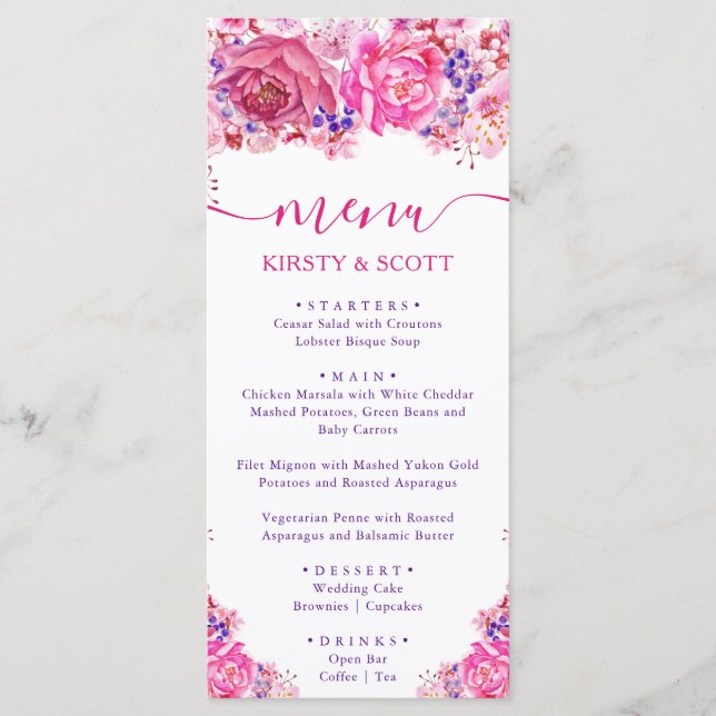 Boho Watercolor Pink Roses Menu Casamento (Frente)