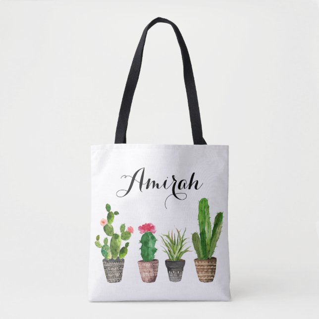Boho Watercolor Suculta Tote Bag Personalizado (Frente)