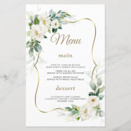 Boho Watercolor White Flowers Dourado Menu Casamen