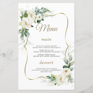 Boho Watercolor White Flowers Dourado Menu Casamen