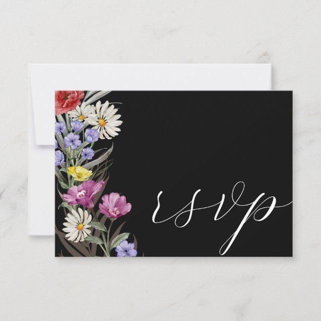 Boho Watercolor Wild Flower & Black Wedds RSVP (Frente)