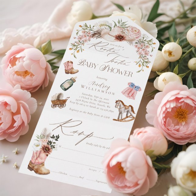 Boho Western Watercolor Chá de fraldas (Boho Western Watercolor Little Cowgirl Baby Shower All In One Invitation)