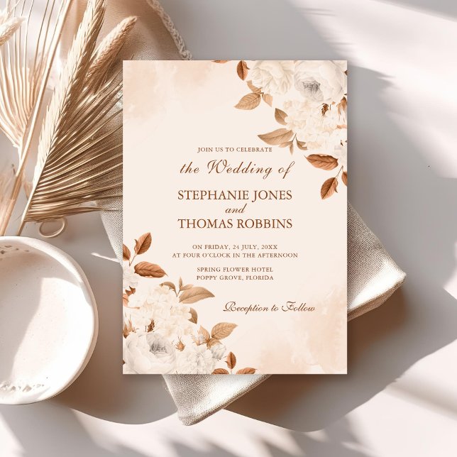 Boho White Peonies Convite De Casamento (Boho Terracotta Floral Wedding Invitation on a white table with neutral boho decoration.)