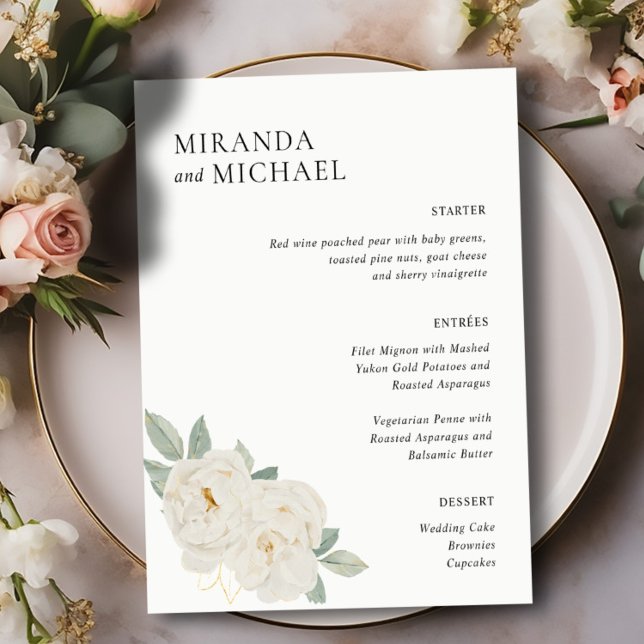 BOHO WHITE ROSES FLOWERS WEDDING MENU JANTO DE CAS (Criador carregado)