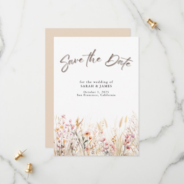 Boho Wild Flowers Salve o Cartão de Data | Minimal (Frente/Verso In Situ)