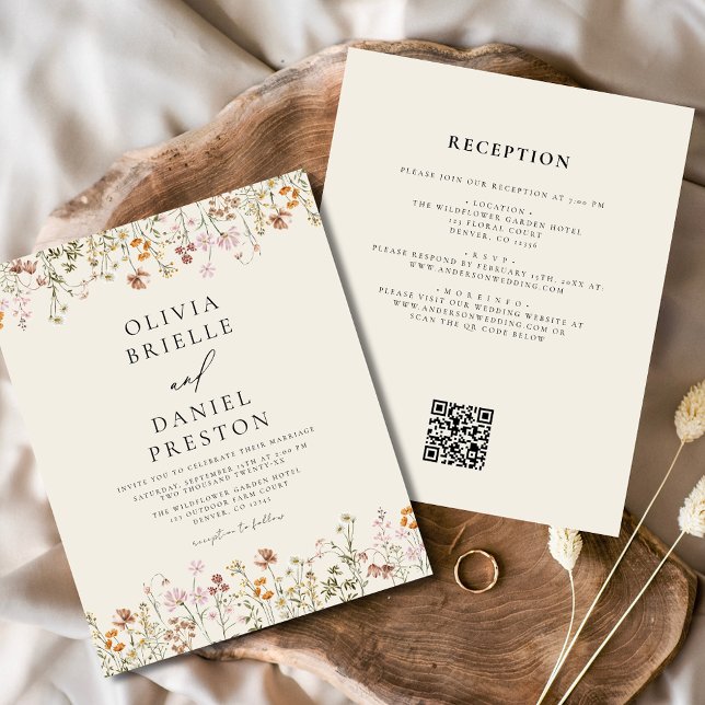 Boho Wildflower Beige All in One QR Code Wedding (Criador carregado)