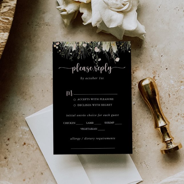 Boho Wildflower Black Wedding Menu Choice RSVP (Criador carregado)