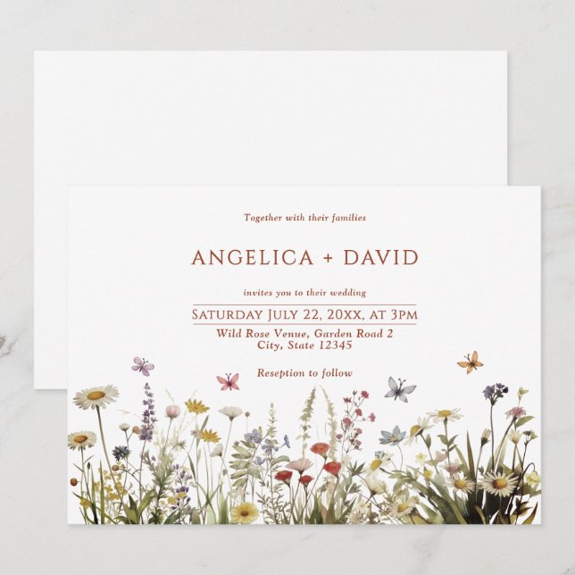 Boho Wildflower Borboletas Convite Para Casamento (Frente/Verso)