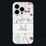 Boho Wildflower Custom Name Monograma<br><div class="desc">Este iPhone 14 Pro Case boêmico apresenta um nome de script personalizado,  monograma e flores silvestres coloridas de cor d'água em um fundo branco. Presente ideal para amantes da natureza romântica.</div>