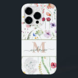 Boho Wildflower Custom Name Monograma<br><div class="desc">Este iPhone 14 Pro Case boêmico apresenta um nome de script personalizado,  monograma e flores silvestres coloridas de cor d'água em um fundo branco. Presente ideal para amantes da natureza romântica.</div>