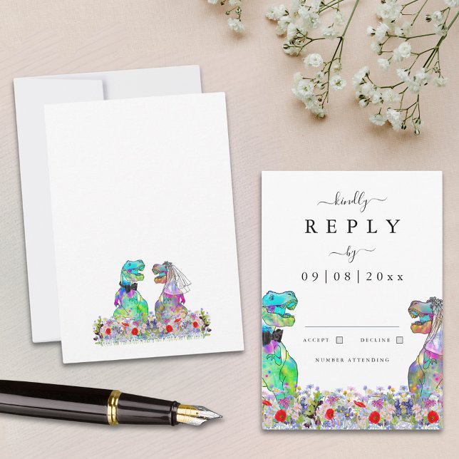 Boho Wildflower Dinosaur Resposta Nupcial (Wildflower dinosaur wedding invitation rsvp enclosure card with T-Rex bride and groom)