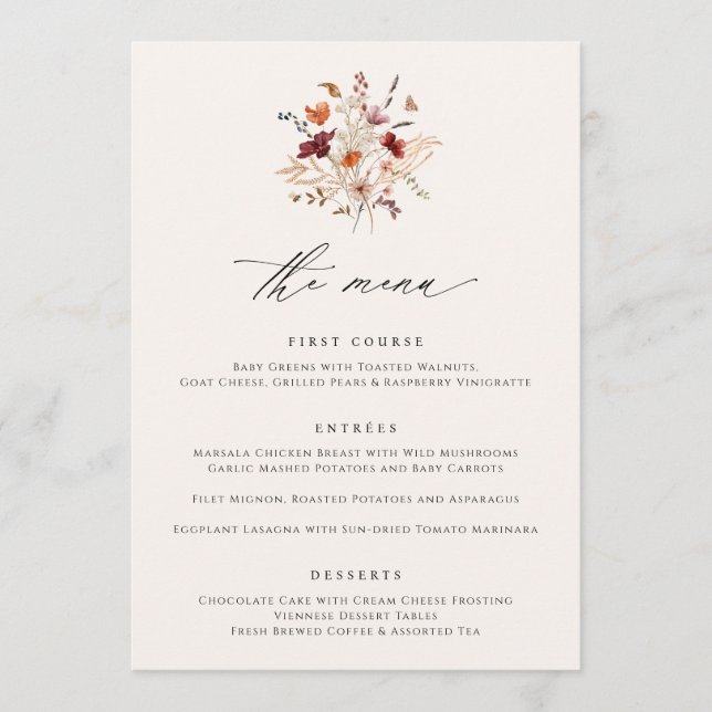 Boho Wildflower Elegant Casamento outono Menus (Frente)