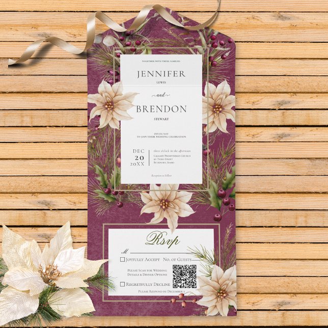 Boho Winter Greenery Boughs Burgundy Sem Janto (Also available with a QR code or with dinner selection options.)