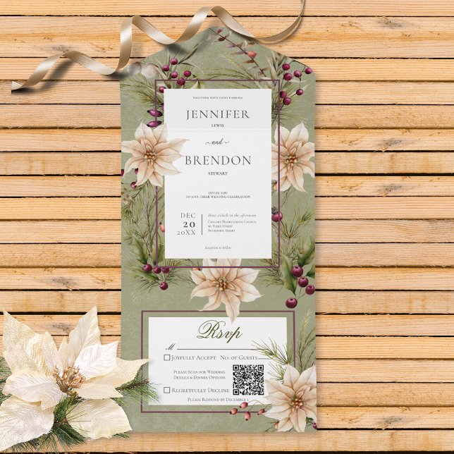 Boho Winter Greenery Boughs Sage Green Code (Also available without a QR code; with or without dinner selection options.)