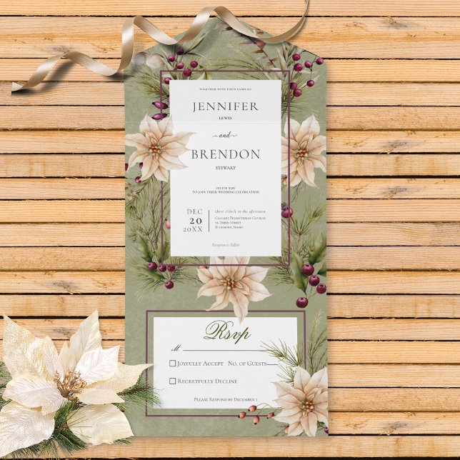 Boho Winter Greenery Boughs Sage Green No Janto (Also available with a QR code, or with dinner selection options.)