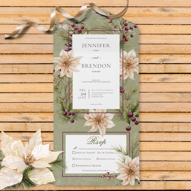Boho Winter Greenery Boughs Sage Janto Verde (Also available with a QR code or without dinner selection options.)