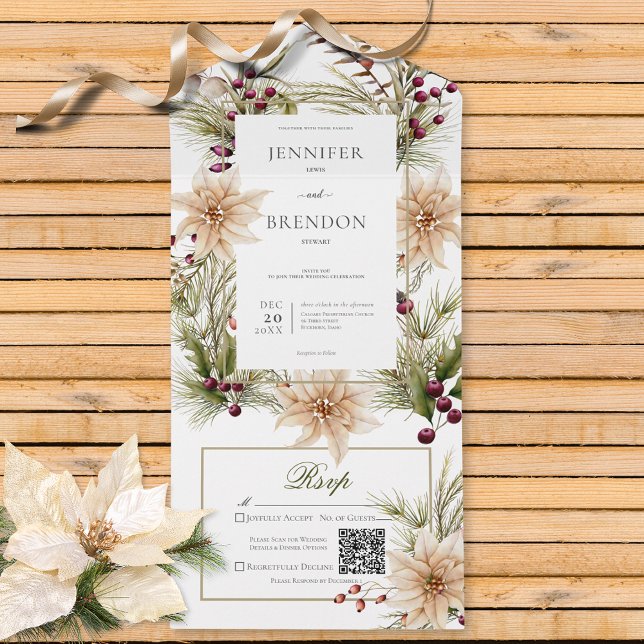 Boho Winter Greenery Boughs White Código QR (Also available without a QR code; with or without dinner selection options.)