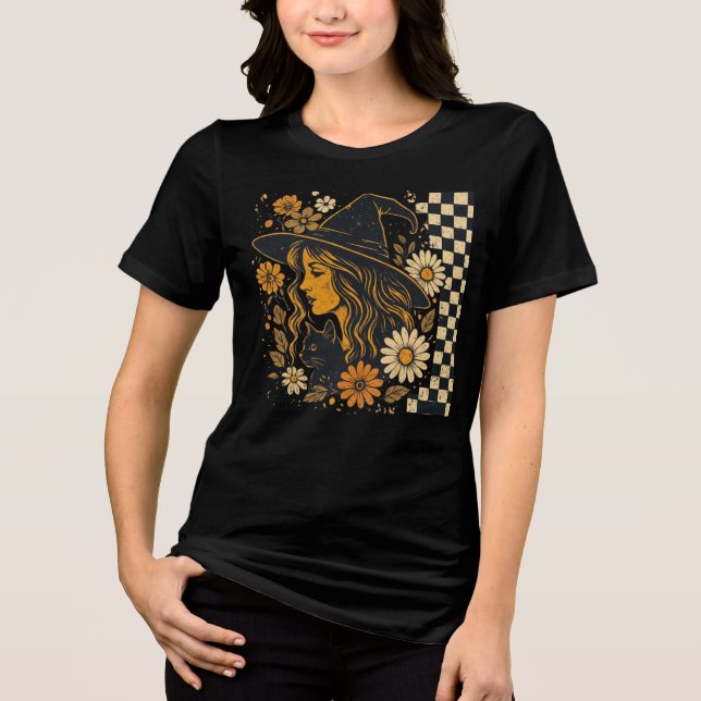 Boho Witch Cat Sunflower Halloween Dark T-Shirt (Frente)