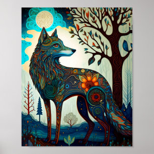 Boho Wolf Surreal Willife Art Poster