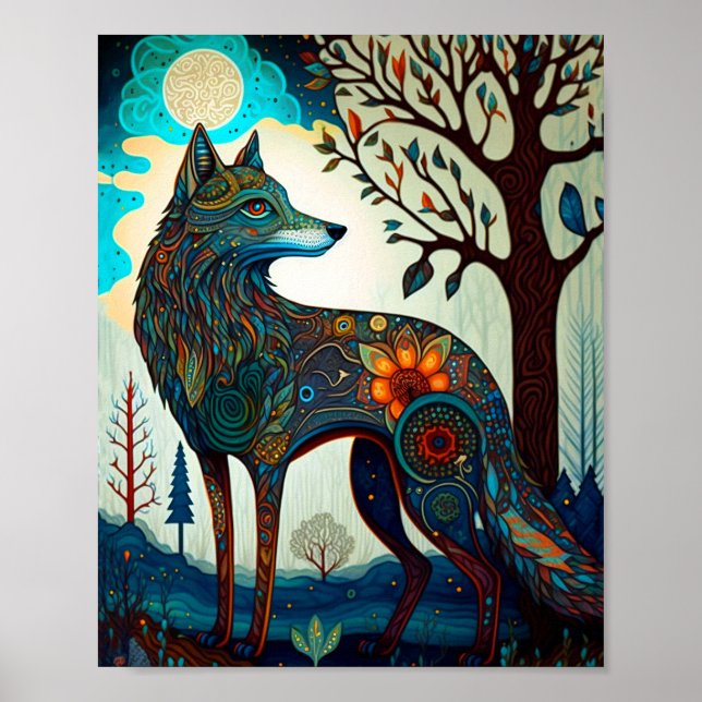 Boho Wolf Surreal Willife Art Poster (Frente)