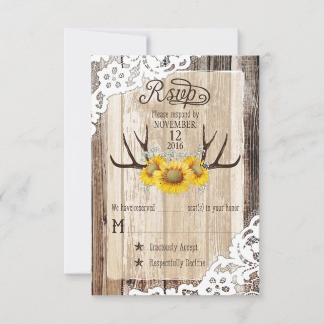 Boho Wood Sunflower Antlers Lace Rustic RSVP Card (Frente)