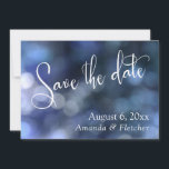 Bokeh Azul, Caligrafia Moderna para Convite de Dat<br><div class="desc">Este é parte de uma suíte de cartões de casamento e acessórios com desenhos combinando, apresentando um brilhante fundo de foto bokeh com flare de luz azul com toques de roxo. Sobre isso, frases-chave são apresentadas como acentos gráficos de tipografia elegante usando uma fonte script maravilhosa da minha coleção. Neste...</div>