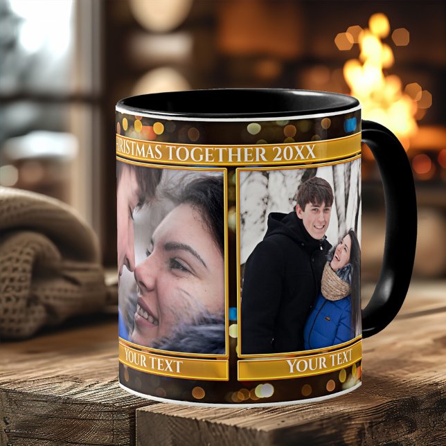 Bokeh Sparaking Lights 3 Fotografias Caneca de Nat (First Christmas together photo mug featuring a gold and sparkling bokeh lights design)