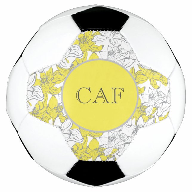 Bola De Futebol Amarelo Monogramado e Floral Cinza  (Frente)