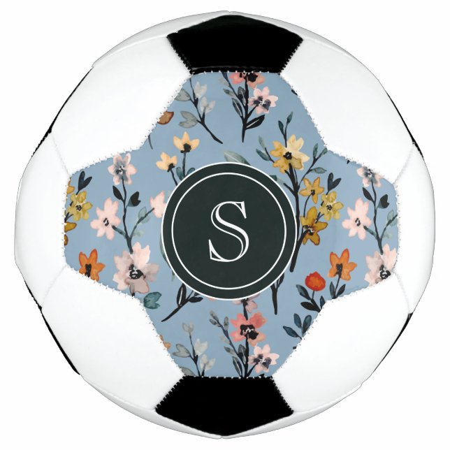 Bola De Futebol Bohemian Blue Watercolor Floral Monogramado (Frente)