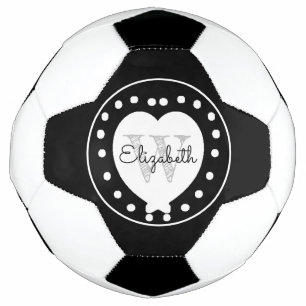 Bola De Futebol Cinza Negra Chic Monograma Inicial Coração Branco