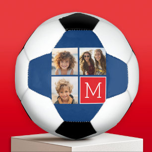 Bola De Futebol Colagem de Fotos Azul e Vermelho com Monograma