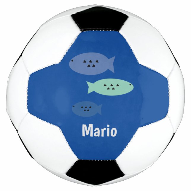 Bola de Futebol com Nome de Monograma Azul Peixe (Frente)